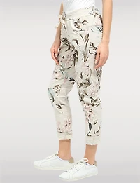 Crinkled Beige Floral Print Stretch Slim Fit Pull-on Pants by Froccella