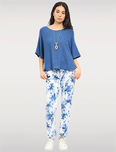 Crinkled Blue and White Floral Print Stretch Slim Fit Pull-on Pants by Froccella