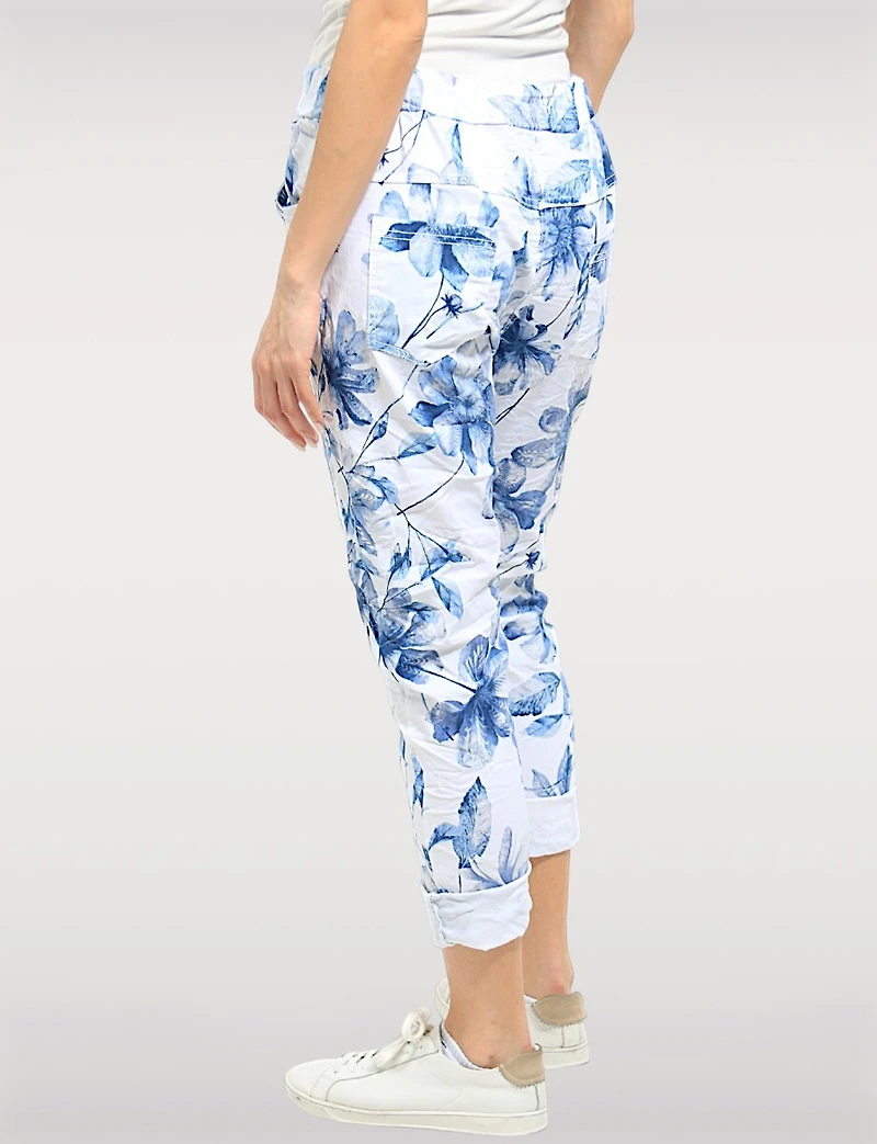 Crinkled Blue and White Floral Print Stretch Slim Fit Pull-on Pants by Froccella