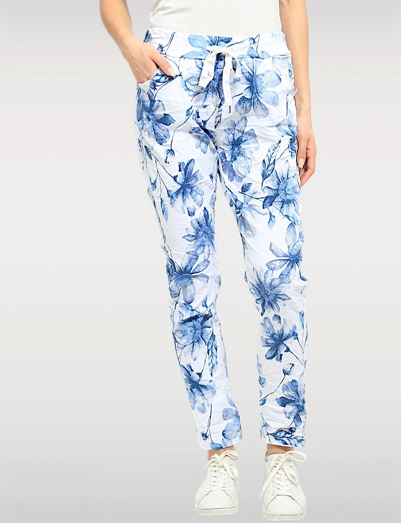 Crinkled Blue and White Floral Print Stretch Slim Fit Pull-on Pants by Froccella