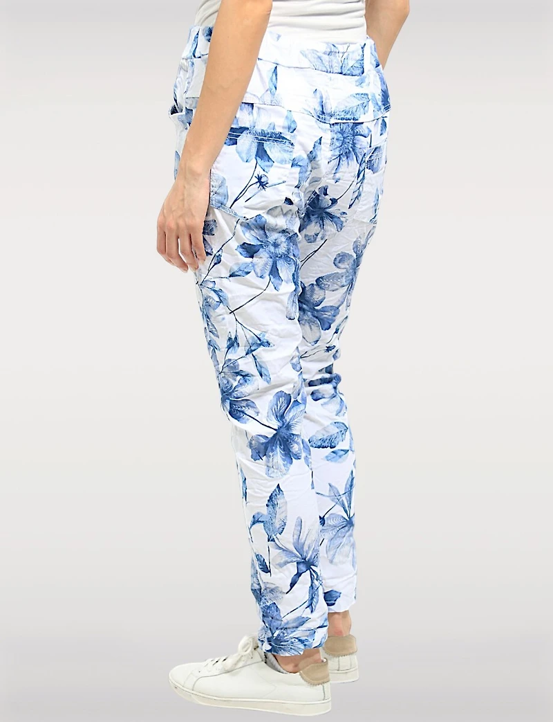 Crinkled Blue and White Floral Print Stretch Slim Fit Pull-on Pants by Froccella