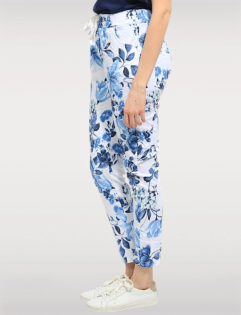 Crinkled Floral Print Stretch Slim Fit Drawstring Waist Pants by Froccella