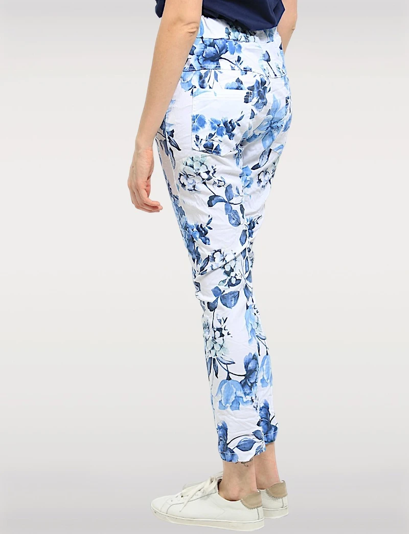 Crinkled Floral Print Stretch Slim Fit Drawstring Waist Pants by Froccella