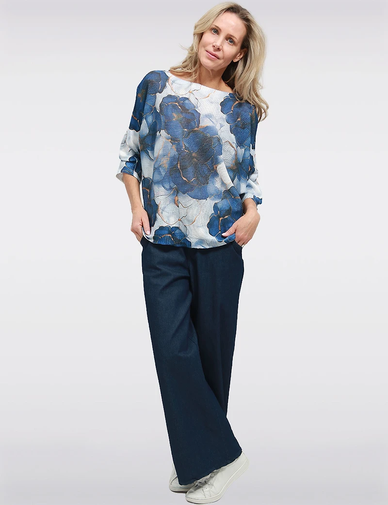 Blue Floral Print Fine-Knit 3/4 Dolman Sleeve Boatneck Sweater by Froccella
