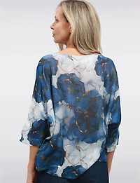 Blue Floral Print Fine-Knit 3/4 Dolman Sleeve Boatneck Sweater by Froccella