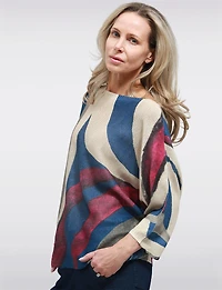 Blue Abstract Printed Fine-Knit 3/4 Dolman Sleeve Boatneck Sweater by Froccella