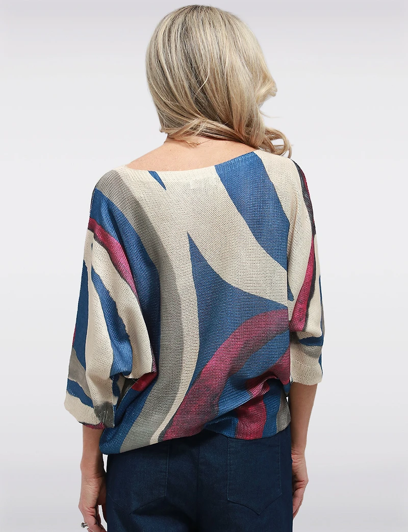 Blue Abstract Printed Fine-Knit 3/4 Dolman Sleeve Boatneck Sweater by Froccella
