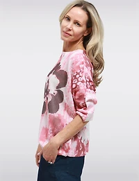 Blue Floral Print Fine-Knit Boatneck Sweater with 3/4 Dolman Sleeve by Froccella