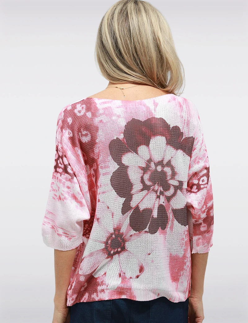 Blue Floral Print Fine-Knit Boatneck Sweater with 3/4 Dolman Sleeve by Froccella