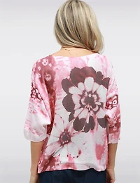 Blue Floral Print Fine-Knit Boatneck Sweater with 3/4 Dolman Sleeve by Froccella