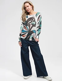 Abstract Face Design Boatneck Fine-Knit Sweater Long Dolman Sleeve by Froccella