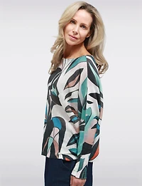 Abstract Face Design Boatneck Fine-Knit Sweater Long Dolman Sleeve by Froccella