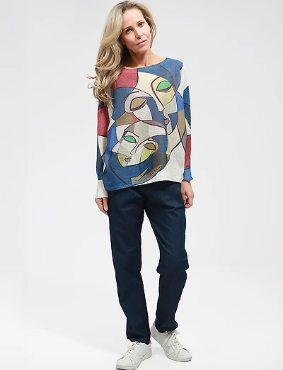 Blue Abstract Design Boatneck Fine-Knit Sweater Long Dolman Sleeve by Froccella