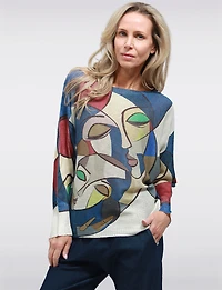 Blue Abstract Design Boatneck Fine-Knit Sweater Long Dolman Sleeve by Froccella