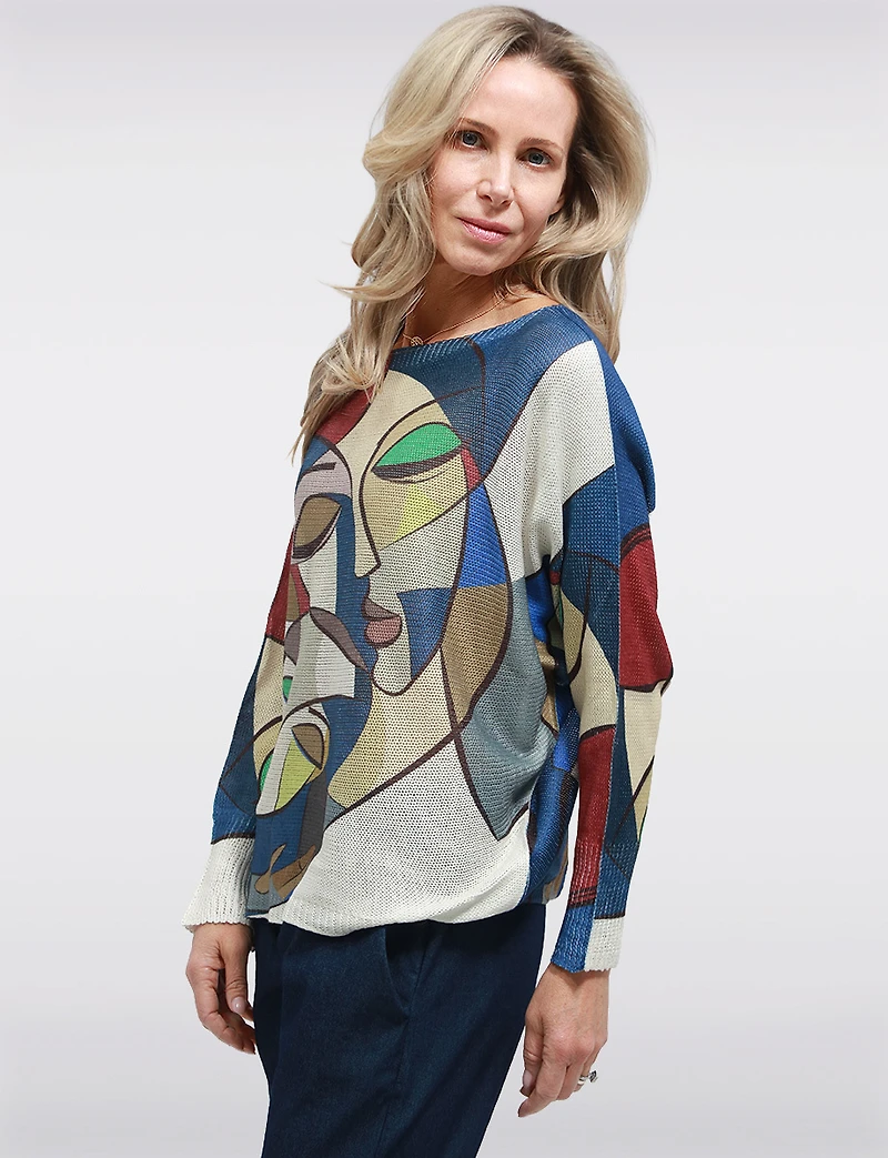 Blue Abstract Design Boatneck Fine-Knit Sweater Long Dolman Sleeve by Froccella