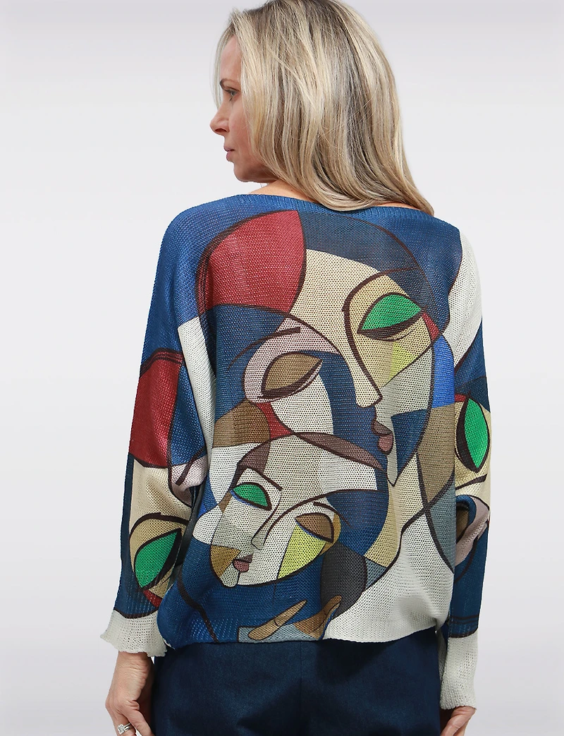 Blue Abstract Design Boatneck Fine-Knit Sweater Long Dolman Sleeve by Froccella