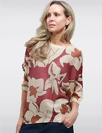 Chic Floral Print 3/4 Dolman Sleeve & Boatneck Fine-Knit Sweater by Froccella