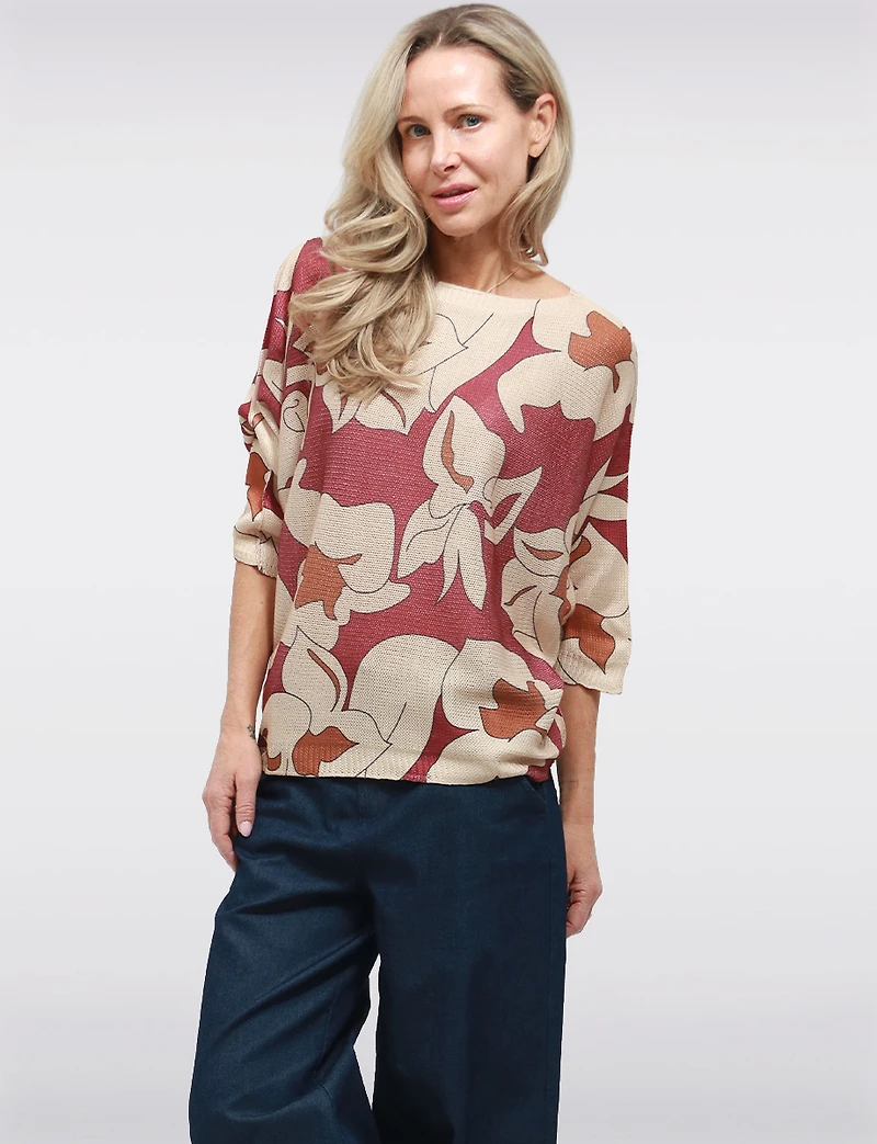 Chic Floral Print 3/4 Dolman Sleeve & Boatneck Fine-Knit Sweater by Froccella