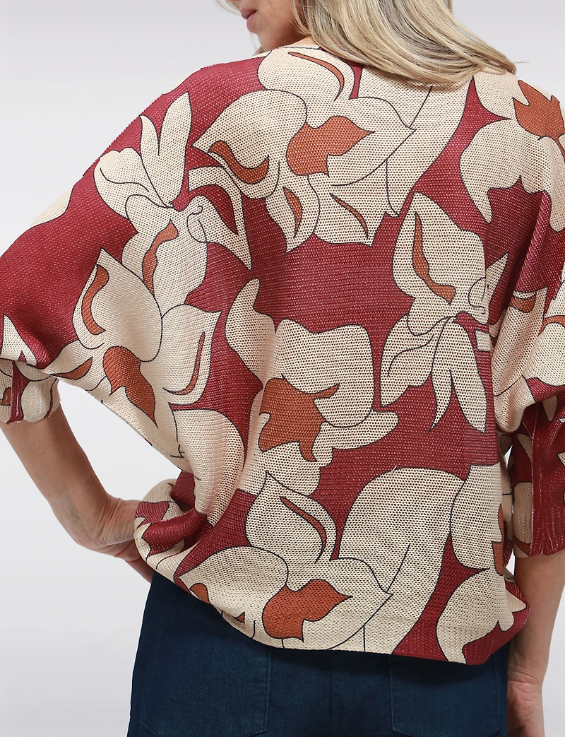 Chic Floral Print 3/4 Dolman Sleeve & Boatneck Fine-Knit Sweater by Froccella