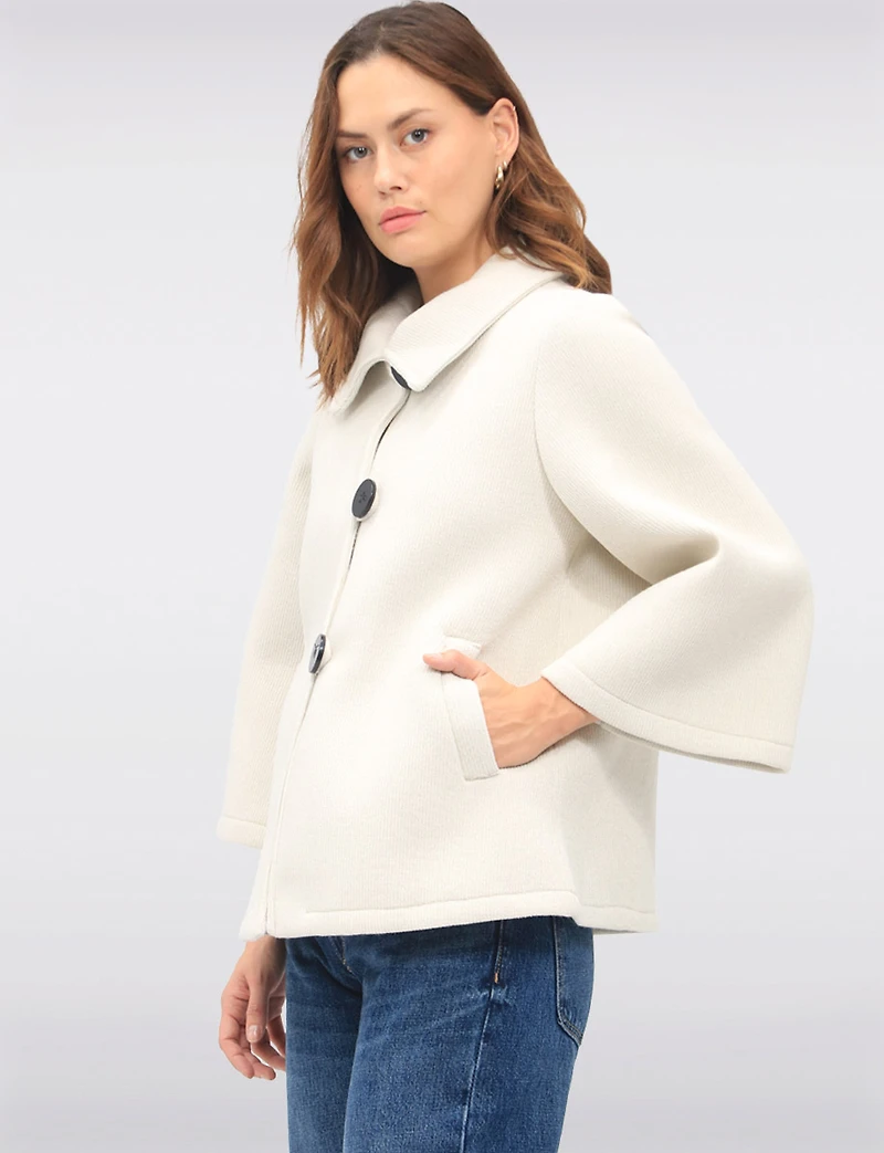 Chic Cropped Scuba Stretch Swing Coat with 3/4 Bell Sleeves by Froccella