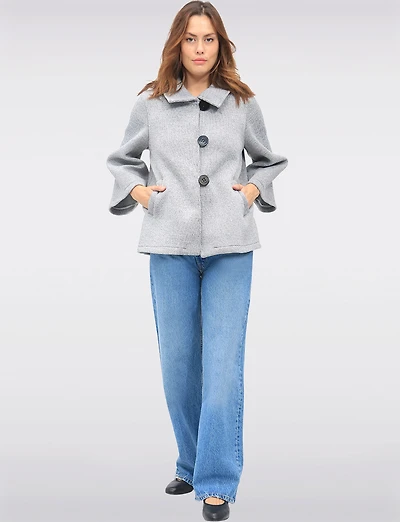 Chic Cropped Scuba Stretch Swing Coat with 3/4 Bell Sleeves by Froccella