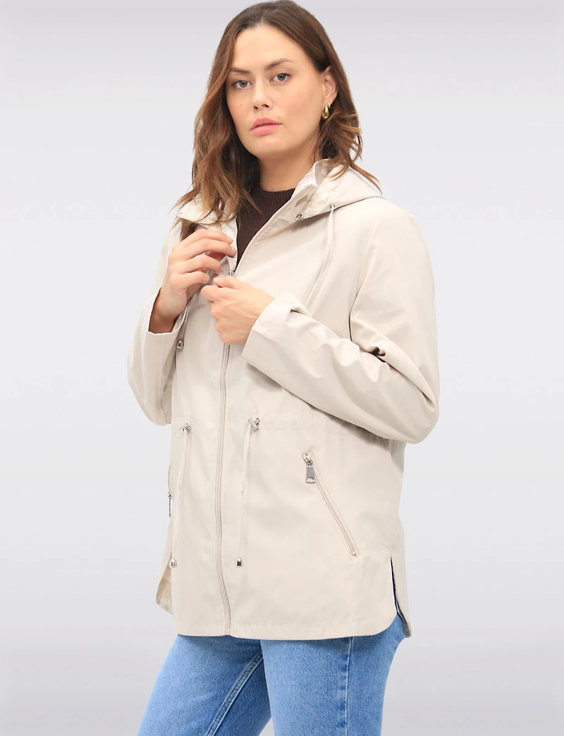 Reversible Cinch-Waist Hooded Anorak with Solid-Floral Pattern by Froccella