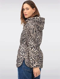 Reversible Cinch-Waist Hooded Anorak with Solid - Leopard Print by Froccella