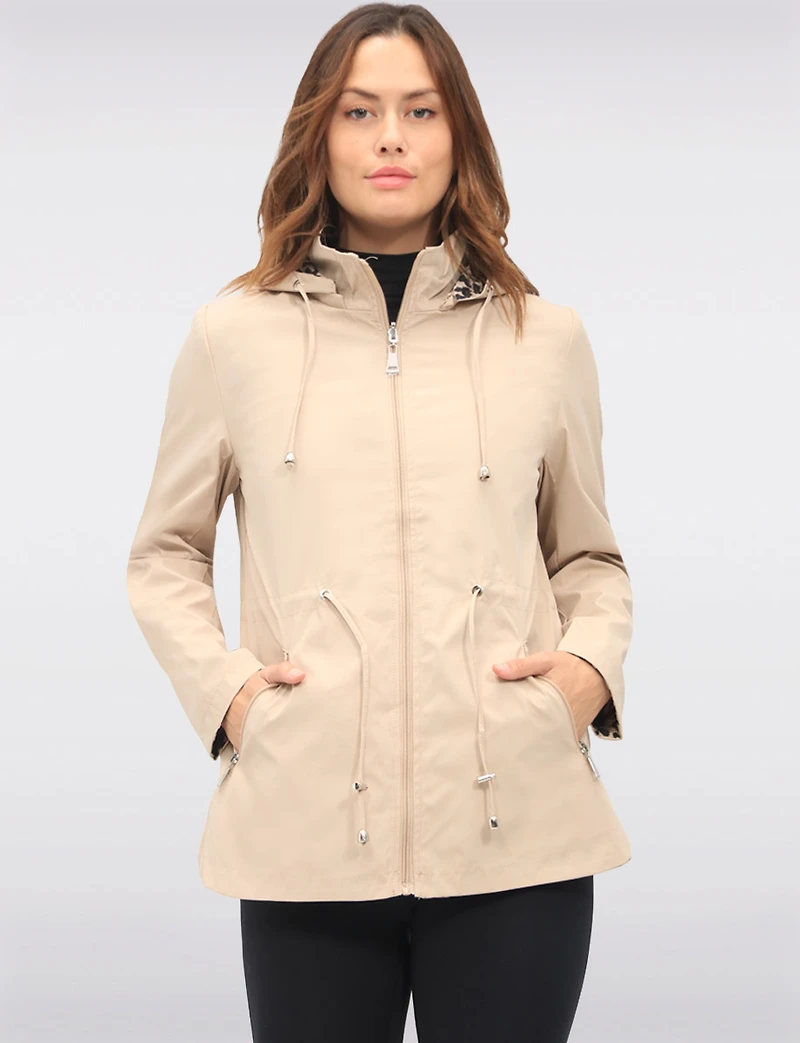 Reversible Cinch-Waist Hooded Anorak with Solid - Leopard Print by Froccella