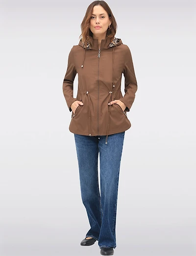 Reversible Cinch-Waist Hooded Anorak with Solid - Leopard Print by Froccella