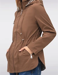 Reversible Cinch-Waist Hooded Anorak with Solid - Leopard Print by Froccella