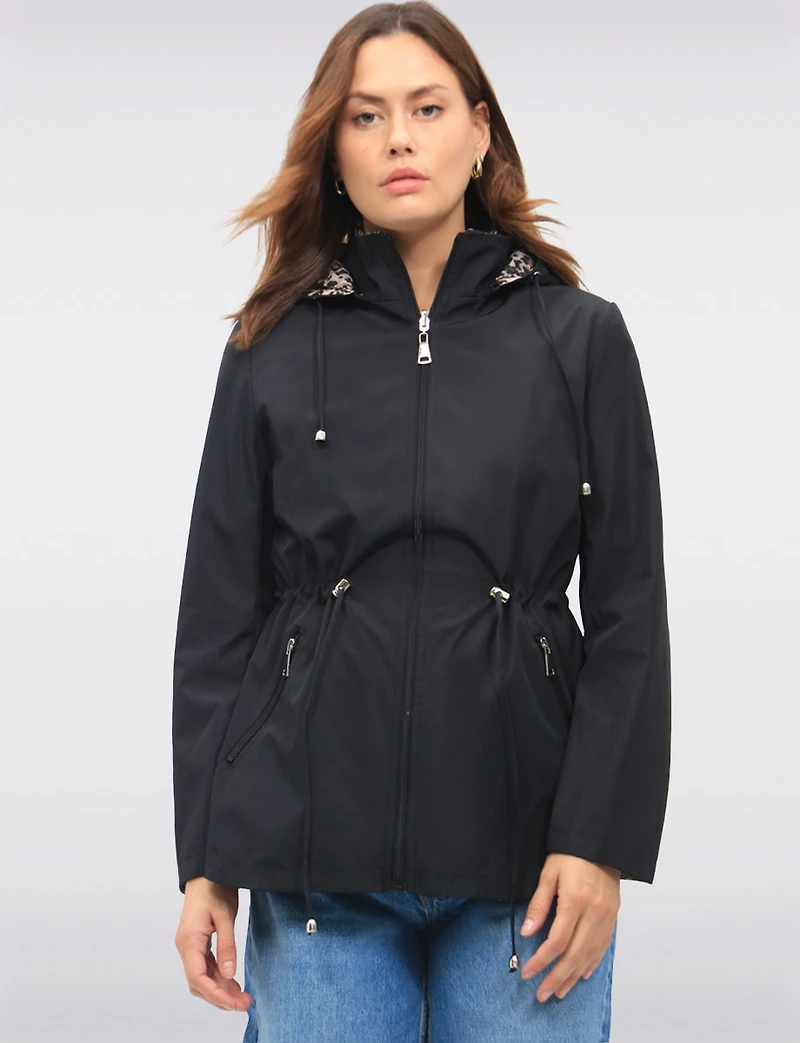 Reversible Cinch-Waist Hooded Anorak with Solid - Leopard Print by Froccella