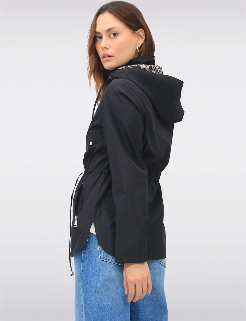 Reversible Cinch-Waist Hooded Anorak with Solid - Leopard Print by Froccella