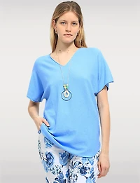 Short Sleeve V-Neck Soft Touch Knit Top with Rounded Hem & Necklace by Froccella