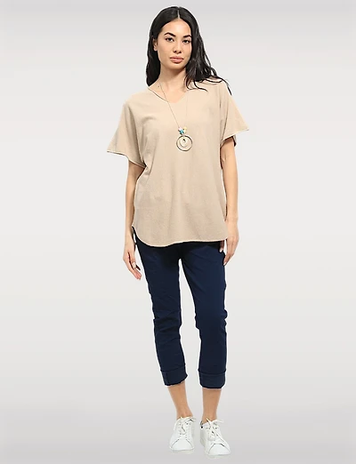 Short Sleeve V-Neck Soft Touch Knit Top with Rounded Hem & Necklace by Froccella