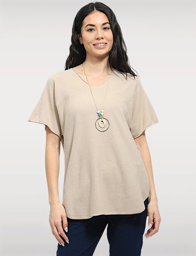Short Sleeve V-Neck Soft Touch Knit Top with Rounded Hem & Necklace by Froccella