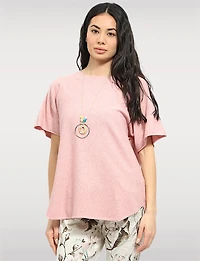 Soft Knit Round-Neck Short-Sleeve Top with Rounded Hem & Necklace by Froccella