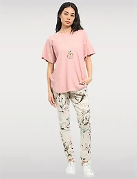 Soft Knit Round-Neck Short-Sleeve Top with Rounded Hem & Necklace by Froccella