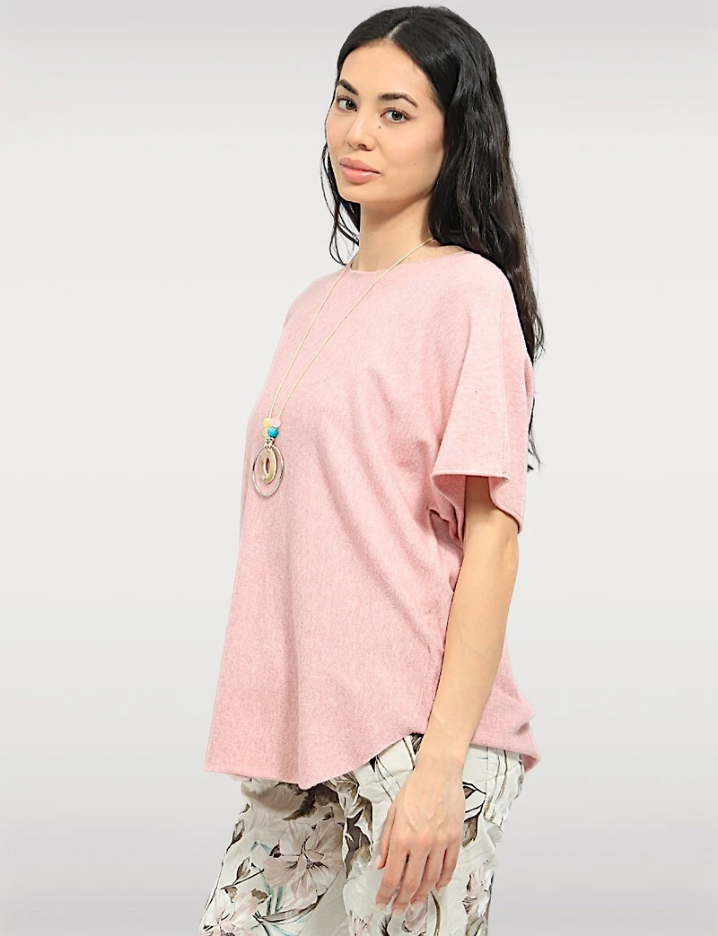 Soft Knit Round-Neck Short-Sleeve Top with Rounded Hem & Necklace by Froccella