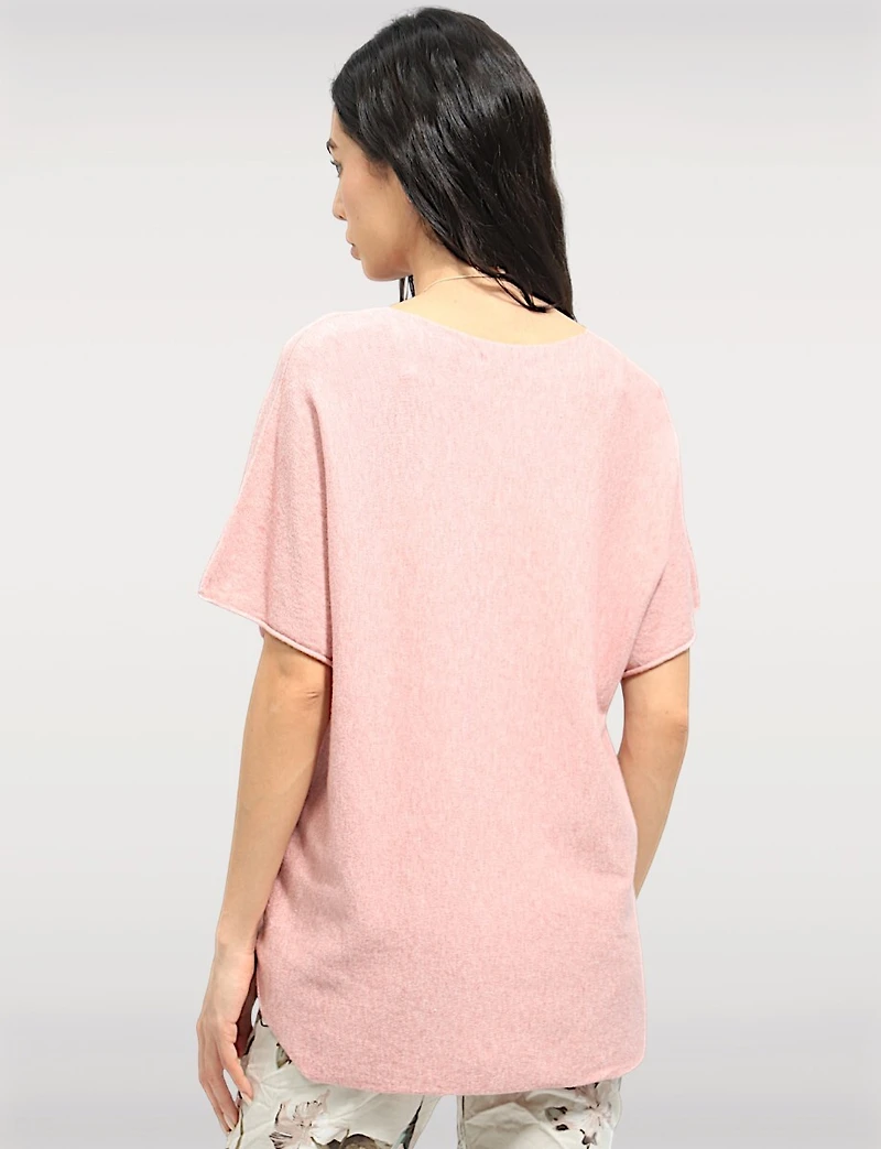 Soft Knit Round-Neck Short-Sleeve Top with Rounded Hem & Necklace by Froccella