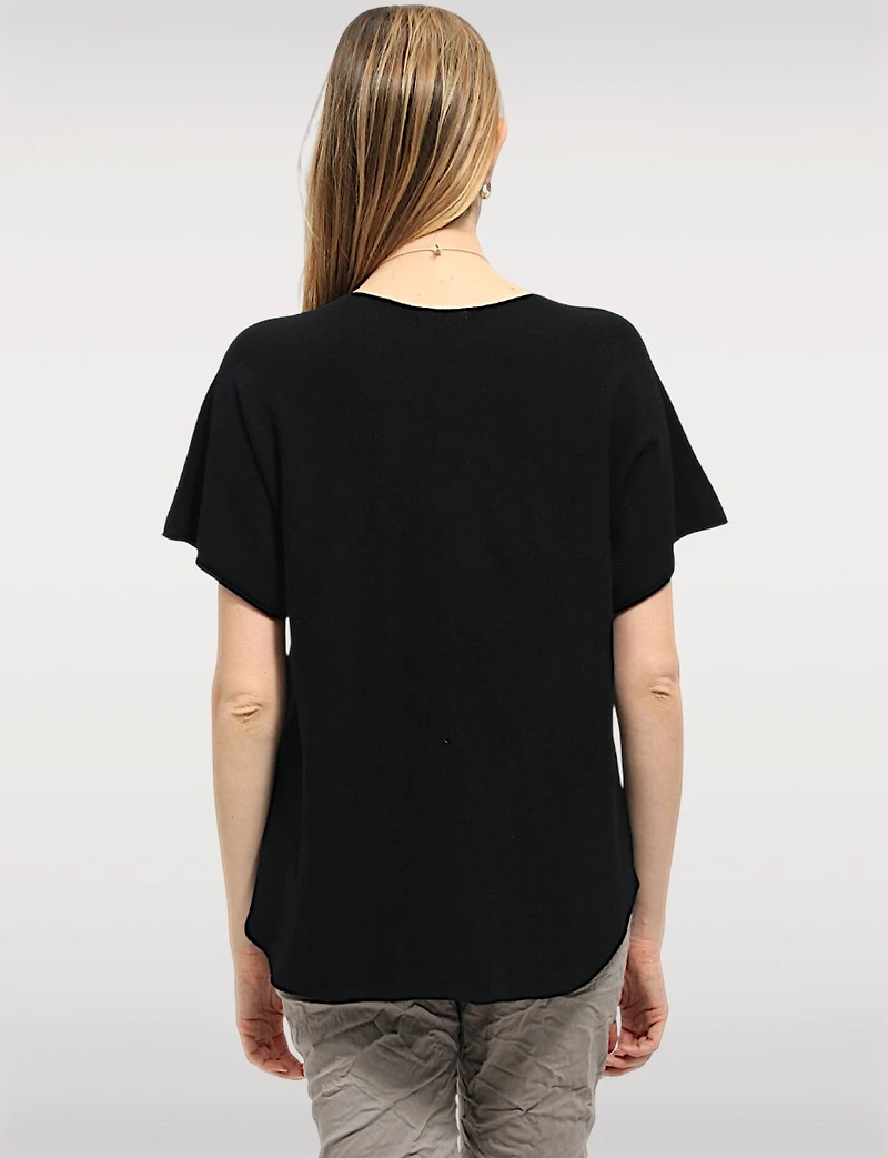 Soft Knit Round-Neck Short-Sleeve Top with Rounded Hem & Necklace by Froccella