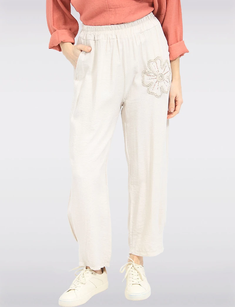 Lightweight Flowy Pull-On Pants with Floral Appliqué & Sequins by Froccella
