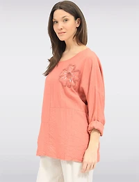 Crinkled Flowy 3/4-Sleeve Top with Floral Appliqué Sequins & Pocket by Froccella