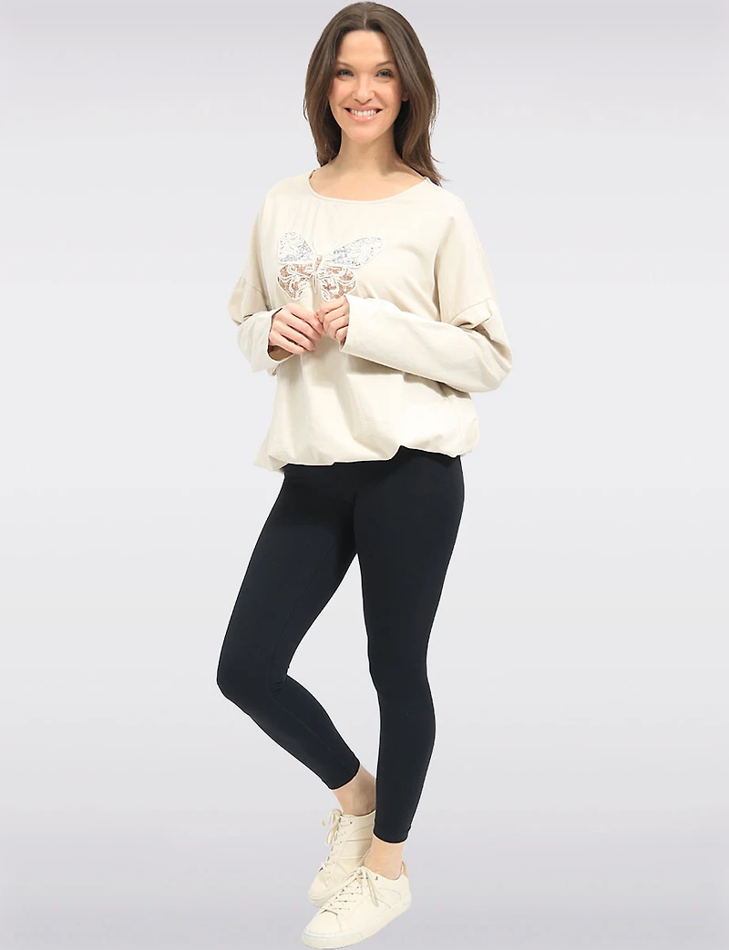 Long-Sleeve Butterfly Embroidered Top with Sequins & Drawstring Hem by Froccella