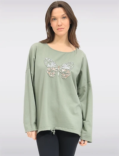 Long-Sleeve Butterfly Embroidered Top with Sequins & Drawstring Hem by Froccella