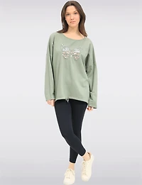 Long-Sleeve Butterfly Embroidered Top with Sequins & Drawstring Hem by Froccella