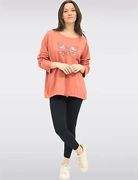 Long-Sleeve Butterfly Embroidered Top with Sequins & Drawstring Hem by Froccella