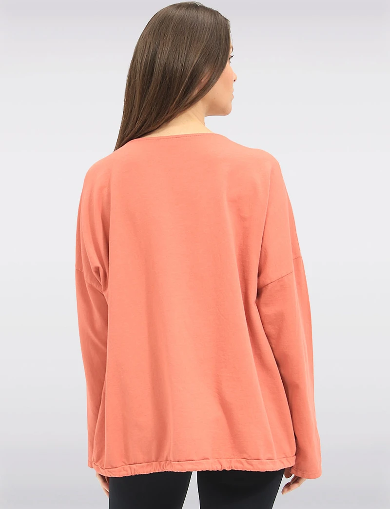 Long-Sleeve Butterfly Embroidered Top with Sequins & Drawstring Hem by Froccella