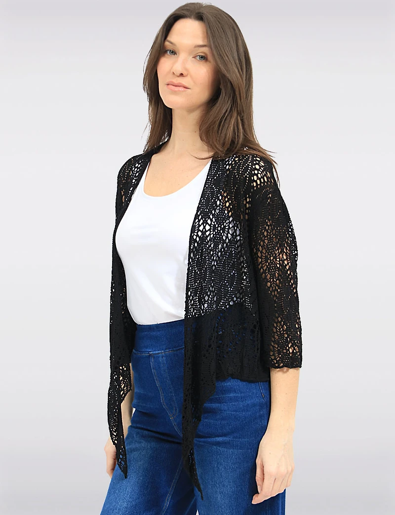 Lightweight Open-Front Crochet Design 3/4 Sleeves Shrug Cardigan by Froccella