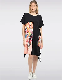 Colourful Floral & Black Round Neck T-shirt Dress With Patch Pocket By Froccella