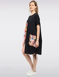 Colourful Floral & Black Round Neck T-shirt Dress With Patch Pocket By Froccella